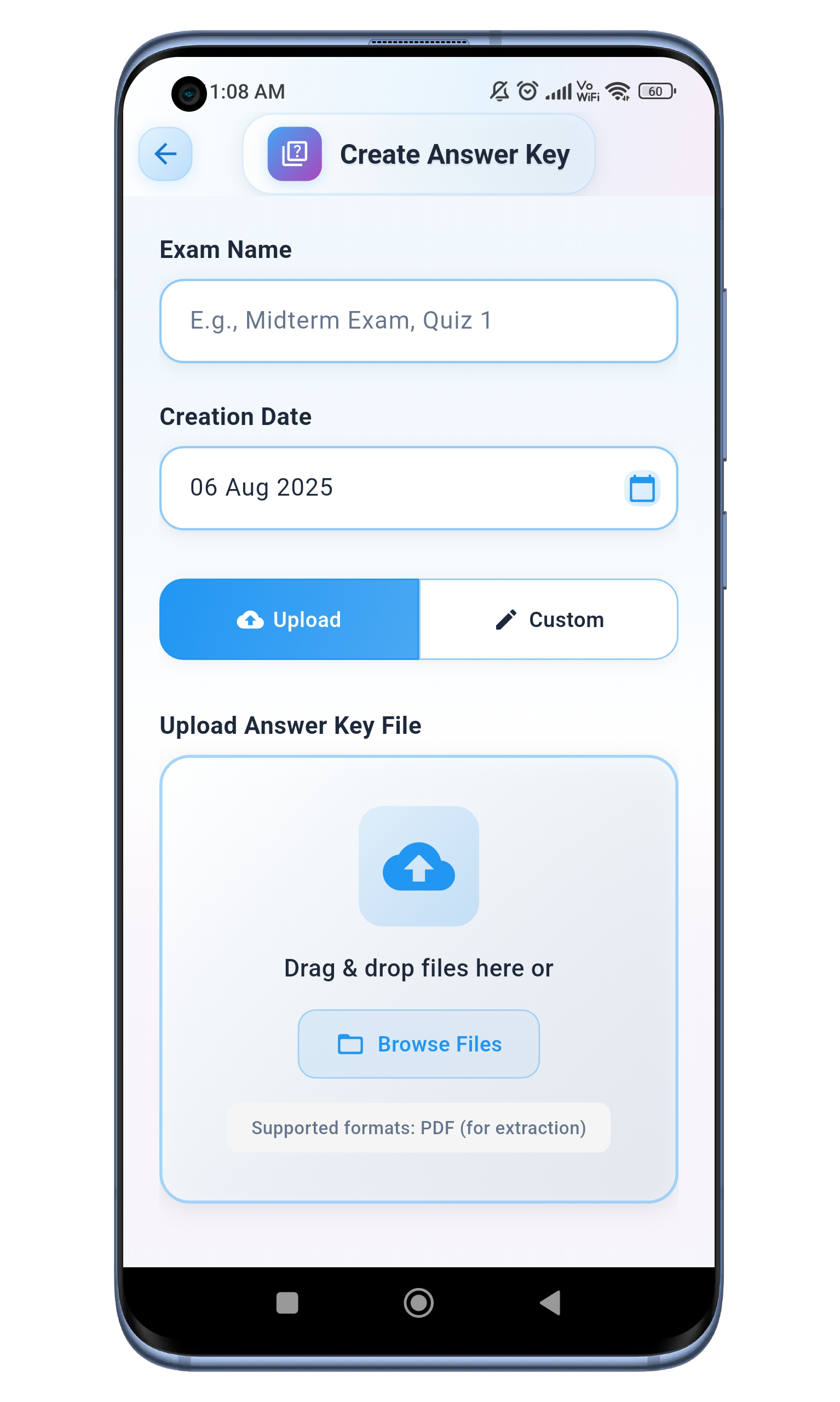 RedInk Create New Exam Screen